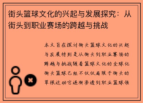 街头篮球文化的兴起与发展探究：从街头到职业赛场的跨越与挑战